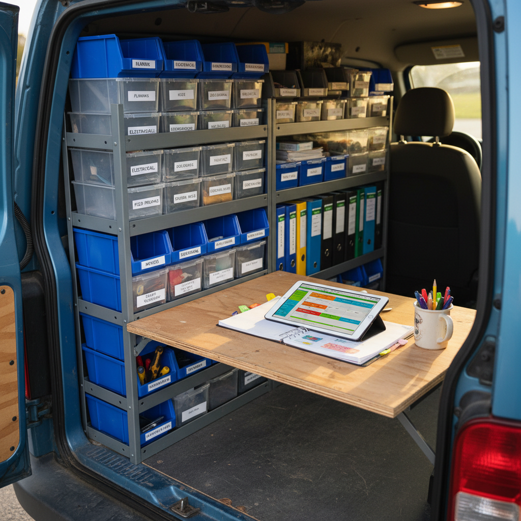 A compact but cozy blue-collar work van interior converted into a tiny mobile planning nook, with sturdy shelves holding labeled bins of tools alongside binders and clipboards, and a small fold-down desk with a paper planner, mug of pens, and a thermos. Afternoon light pours in through open doors, making the space feel practical, organized, and lived-in.