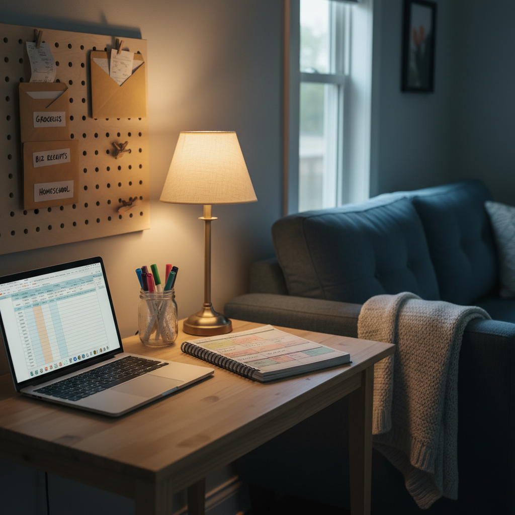 A warm living room corner turned into a simple home planning station, with a pine desk, open notebook, color-coded folders, and a mason jar of pens beneath a pegboard holding envelopes for groceries, receipts, homeschool projects, and savings. Soft lamplight and window light create a cozy, inviting glow that feels practical and lived-in.