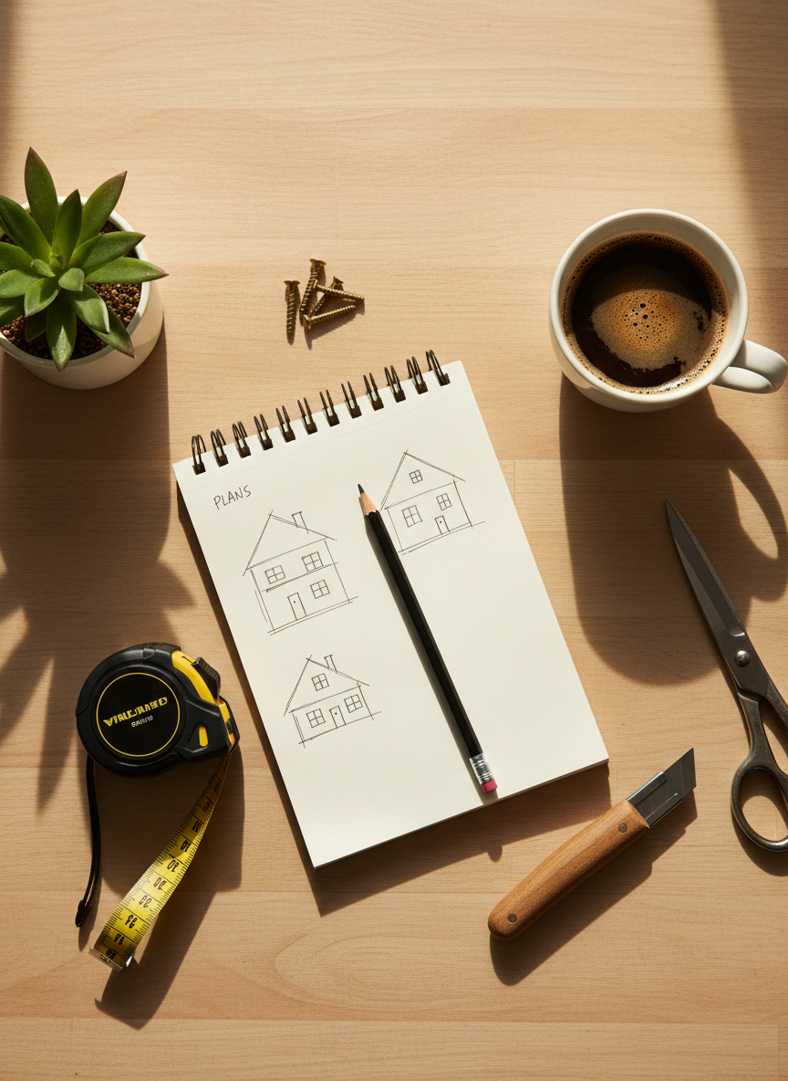 A bright, top-down flat lay photo of a DIY toolkit on a wooden table, including measuring tape, notebook, pencil, small houseplant, and a cup of coffee. Natural lighting, modern, minimal, warm tones.