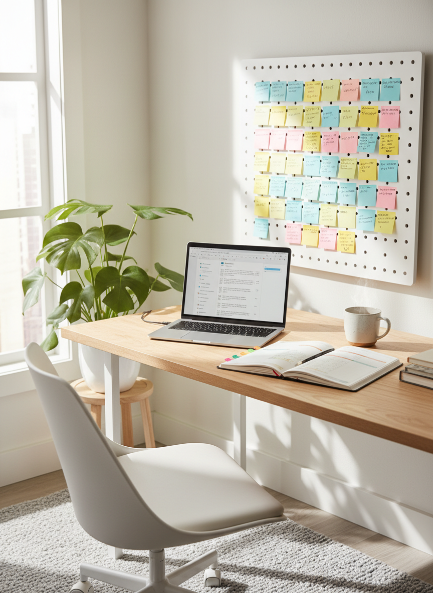 A bright, realistic photo of a small home office setup with a laptop, planner, colorful sticky notes on a wall, indoor plant, and a cup of tea. Natural light, cozy but productive atmosphere, modern minimal style.