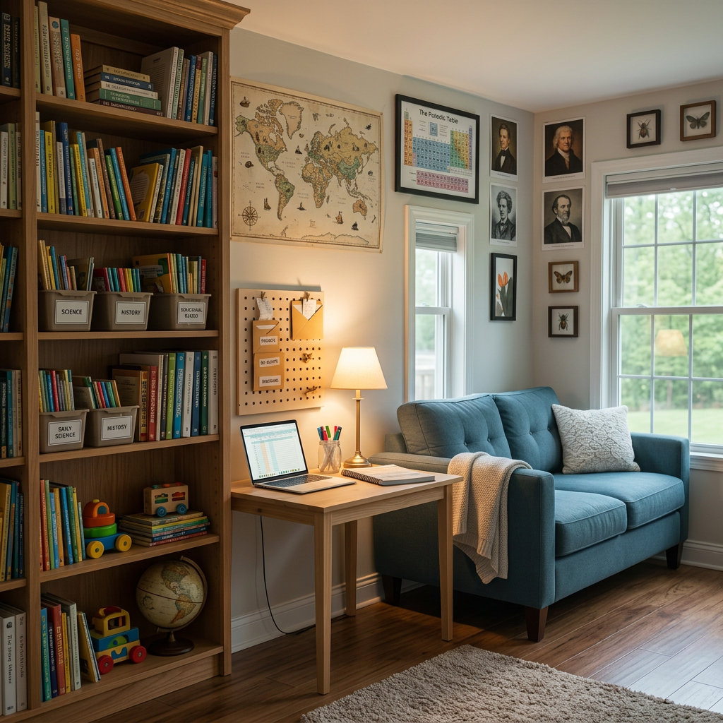Cozy study nook with educational decor Home study corner with wooden bookshelf, desk, laptop, blue sofa, world map, and portraits