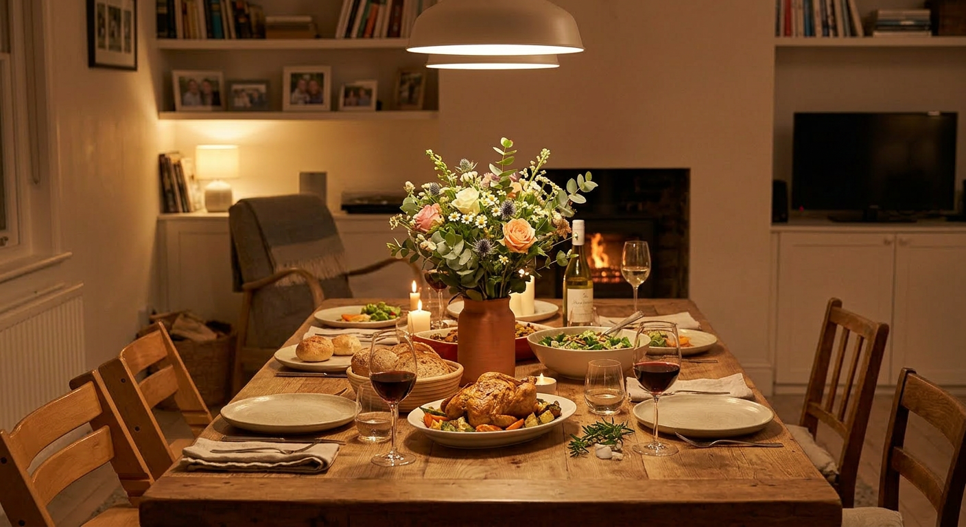 Family enjoying cozy dinner together Family of five enjoying dinner with roasted chicken, salad, and wine at a wooden table
