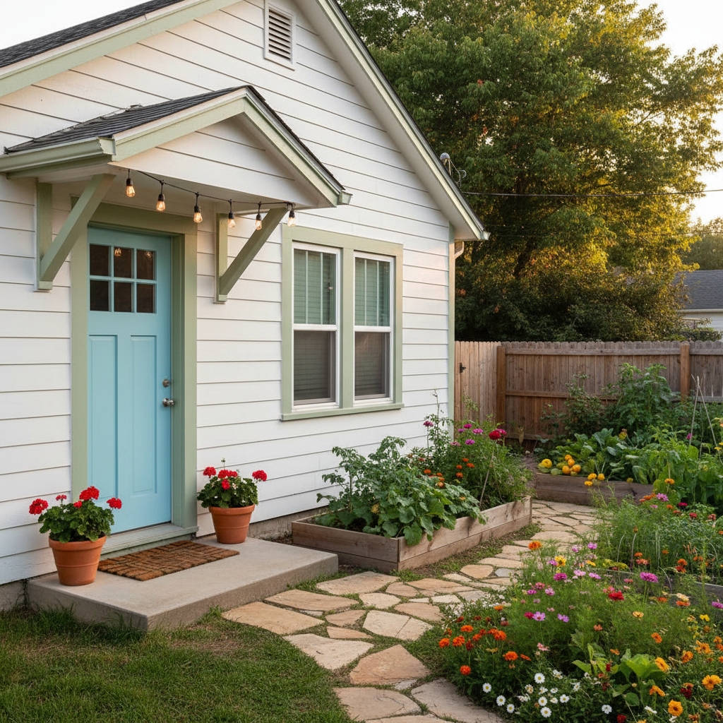 A modest but well-cared-for small house painted a clean, soft white with contrasting trim beside a lush backyard garden. The siding looks freshly painted and bright but still homey, with a welcoming front door color, tidy porch, and string lights. Raised beds full of vegetables and flowers, and warm evening light create a cozy, inviting atmosphere that matches the Bricoleur home images in style and mood. Realistic, photographed at eye level, square crop focused on the house and garden.