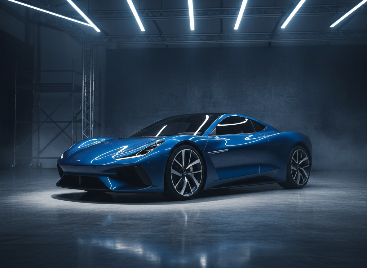 A sleek modern sports car in a dramatic professional automotive setting.